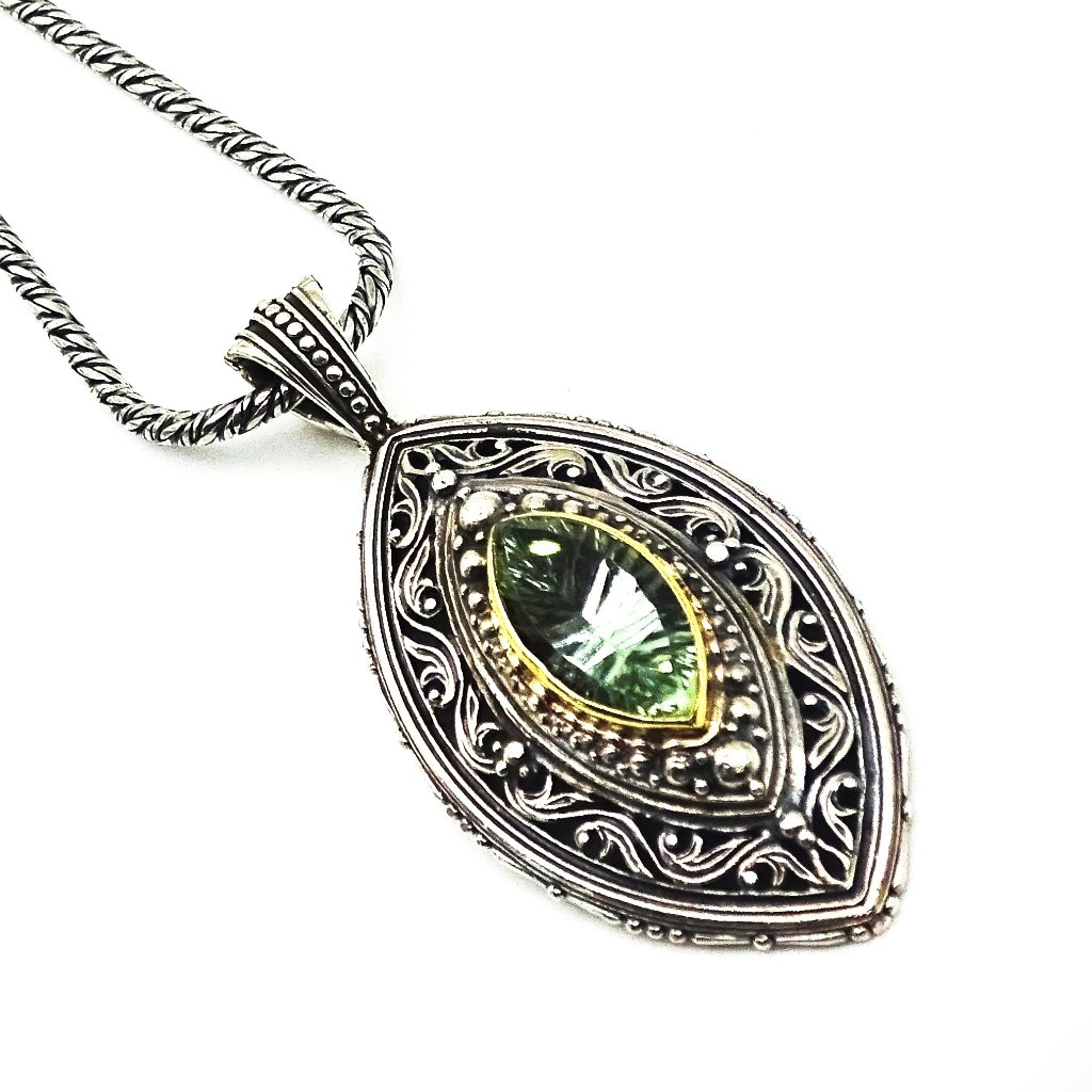 Konstantino Sterling Silver 18k Yellow Gold Prasiolite Pendant & Chain Necklace